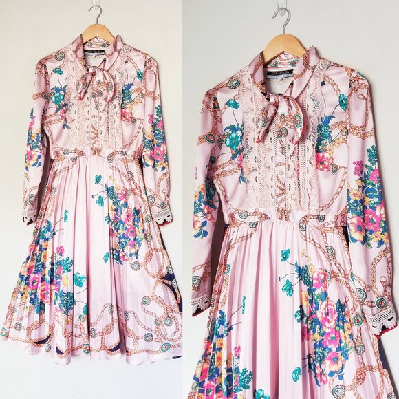 Dalia MacPhee Pink Lace Long Sleeve Printed Pleated Midi Dress M Vintage Luxe - Picture 6 of 16